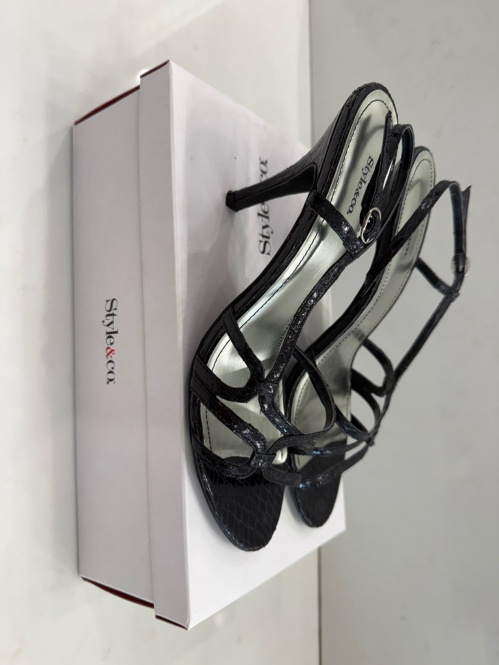 Style & Co Black Snake Embossed Strappy Heels – Size 9M